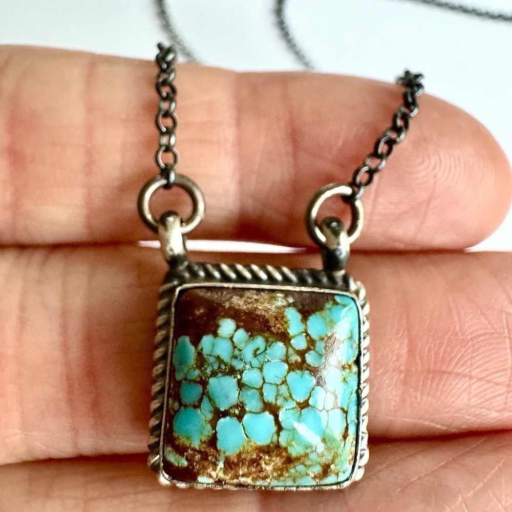 Navajo Turquoise Bar Necklace 16" Signed Dixon Sterling Patina Choker USA Square